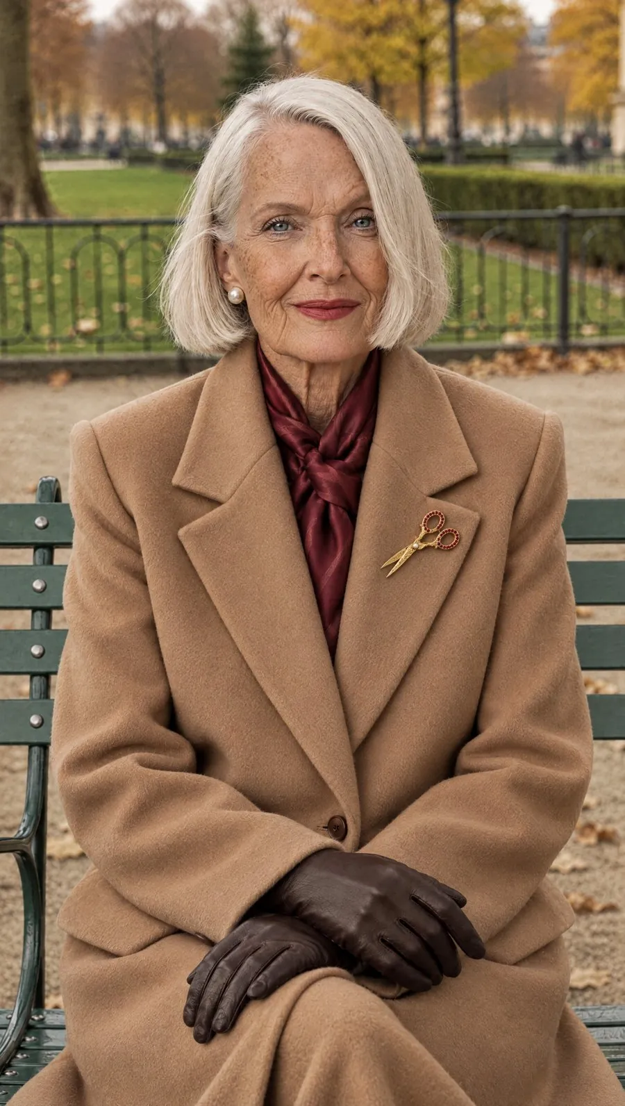 Margot on a park bench in a camel coat