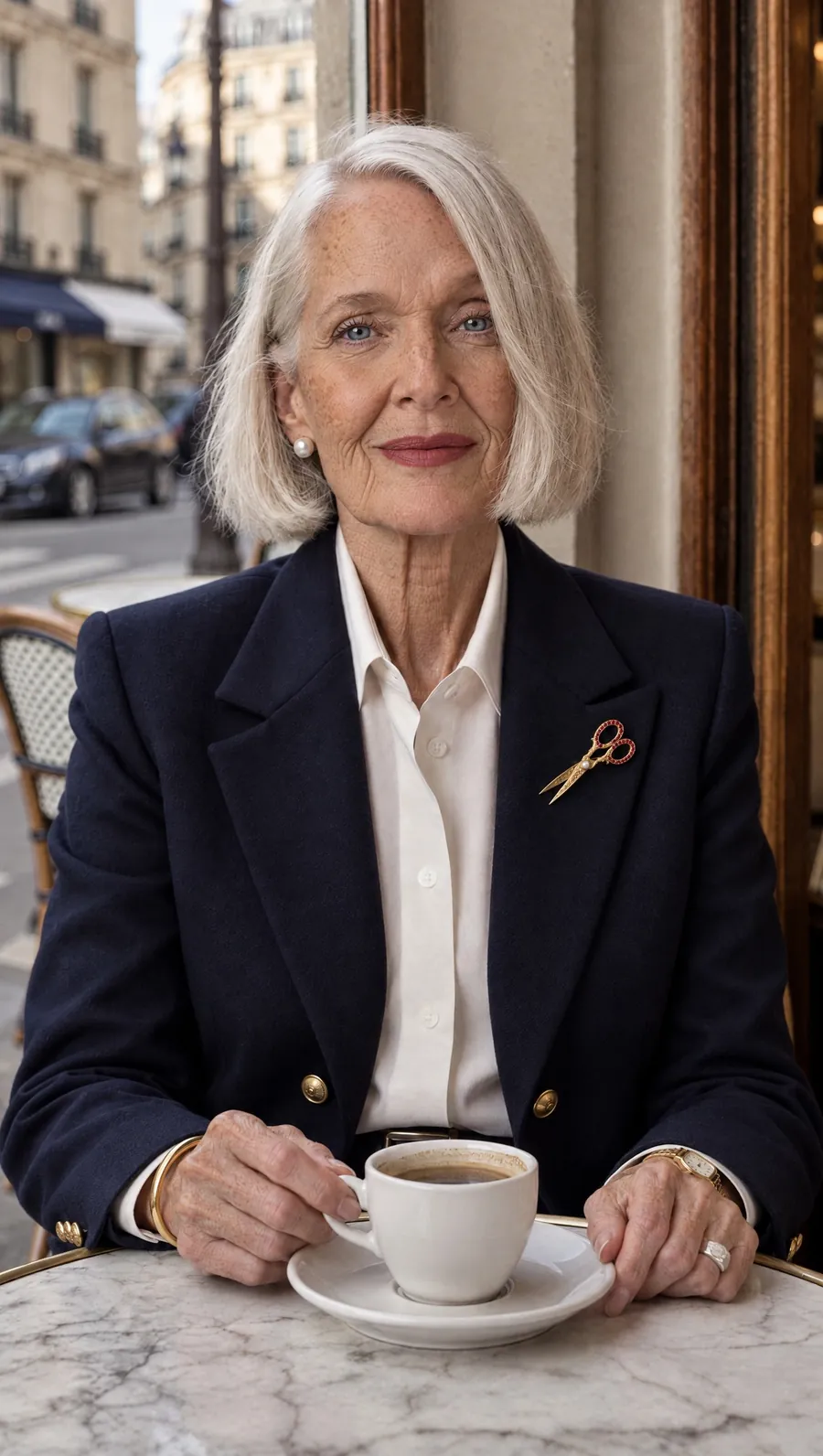 Margot Belmont at a Paris café in a navy blazer with her gold scissors brooch